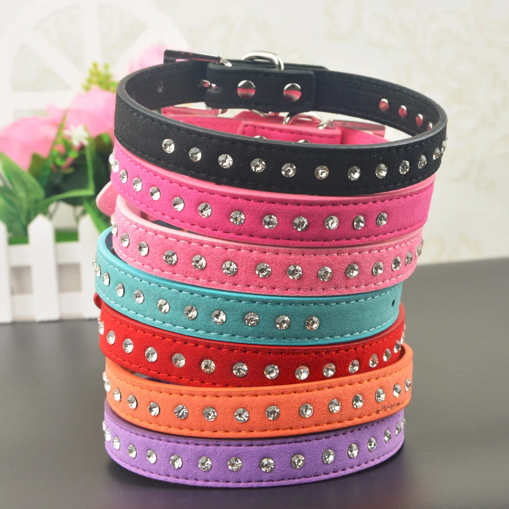 

Hot Sale 7 Colors 4 Sizes Pet Collars One Rhinestone Suede Leather Soft Dog Cat Pet Collars
