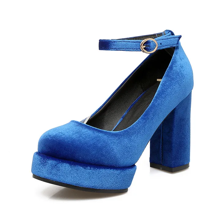 Meotina/женские туфли-лодочки бархатные туфли на платформе и высоком каблуке г. Фиолетовые Вечерние туфли на толстом каблуке с ремешком на щиколотке обувь черного и синего цвета, размеры 34-39 - Цвет: Синий