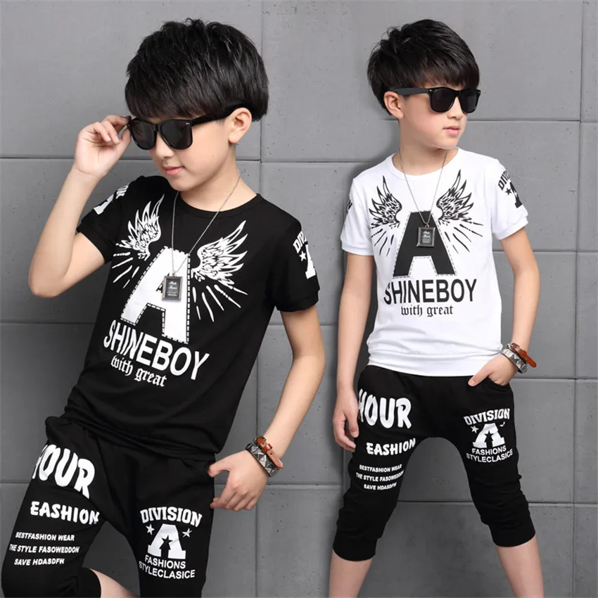 

4-12 y children boy summer clothes set boys letter sets sport suits boys t-shirts knee length pants kids clothes two-piece