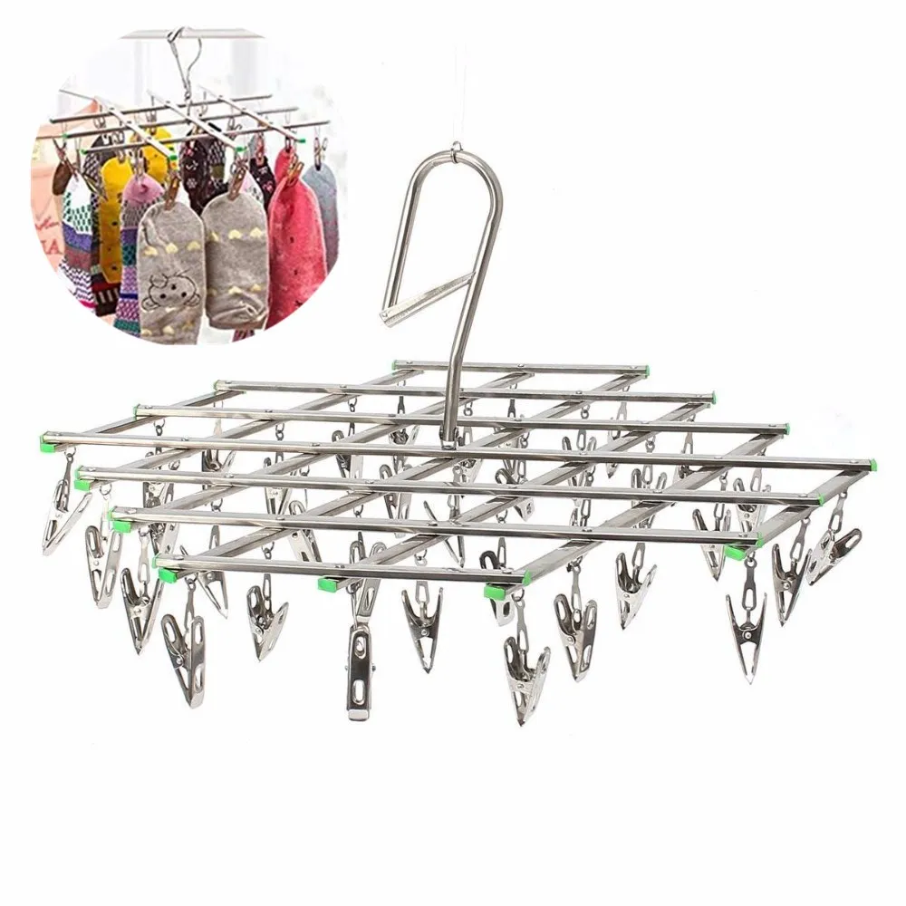 

New Stainless Steel 35 Pegs Clip Folding Swivel Hook Socks Clothes Hanger Drying Rack Underwear Gloves Collapsible Laundry