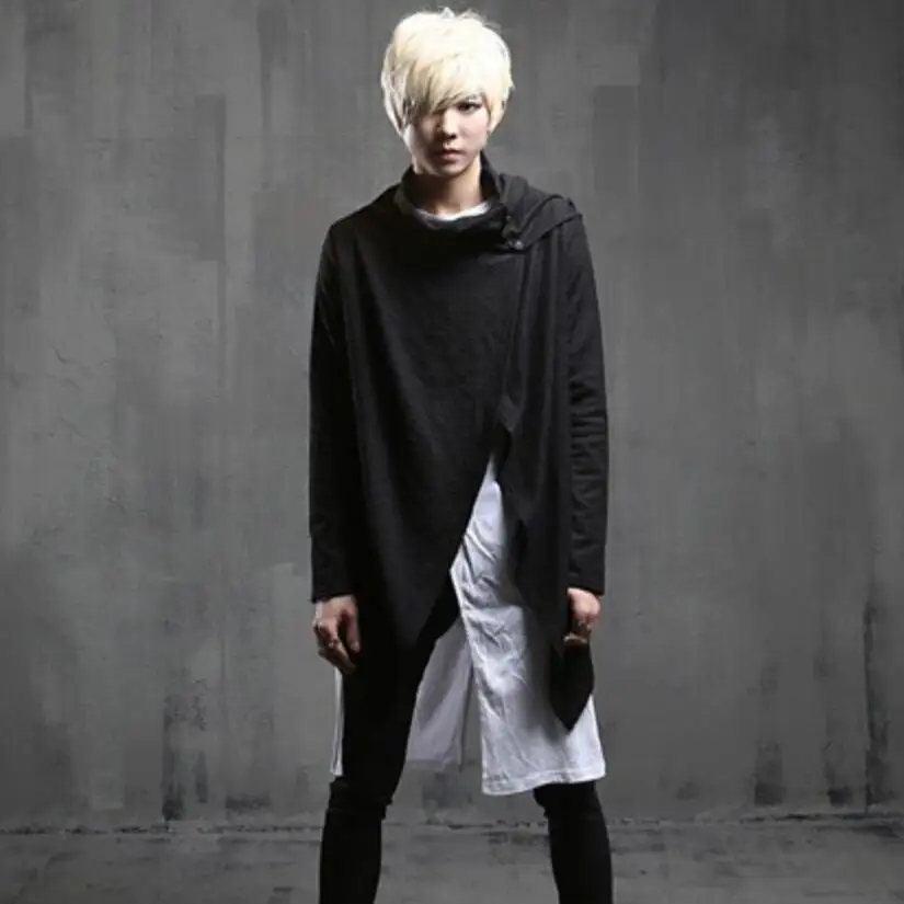 

Nightclub DJ singer irregular long sleeve t shirt punk rock hip hop stage tops men harajuku cloak gothic style wool tees cape