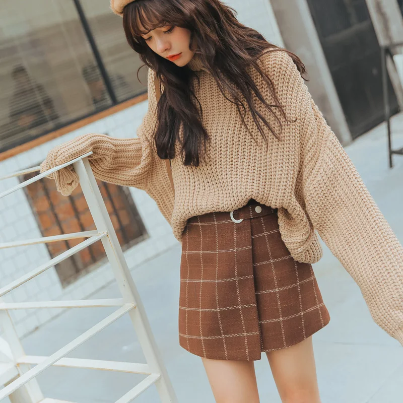 2018 Женская Ulzzang осенняя и зимняя утолщенная шерстяная клетчатая ретро юбка