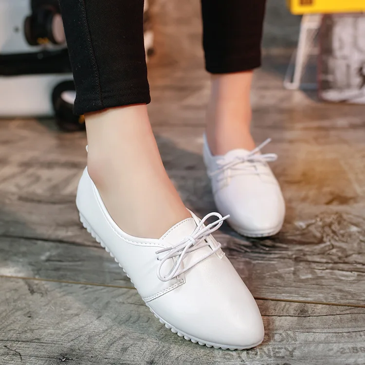 

New Women Flats Shoes PU Leather Lace-Up Breathable Pointed Toe Cross-tied Shallow White Solid Casual Lady Loafers Female Shoes