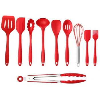 

10pcs Silicone Kitchen Cooking Utensils Set Red Heat-Resistant Cooking Tools Set Baking Cookware Gadgets Spatula Spoon Set
