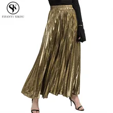 Модная женская плиссированная длинная Однотонная юбка с высокой талией, элегантная тонкая золотая юбка, женские эластичные вечерние юбки больших размеров