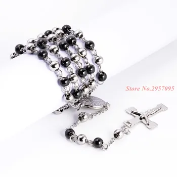 

Silver Black Color Rosary Jesus Christ Cross Pendant Necklace Stainless Steel Bead Chain Mens Womens Christian Jewelry
