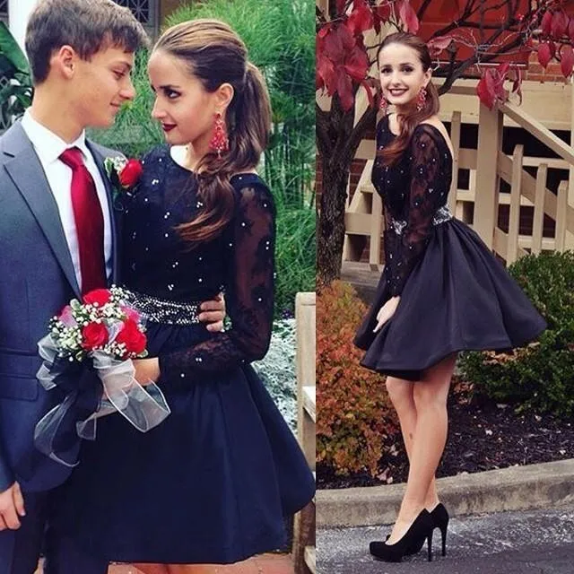 

2018 Romantic Black Satin Long Sleeves Ball Gown Homecoming Dresses Scoop Open Back Beading Graduation Gowns Short Prom Dresses