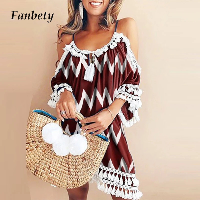 

Fanbety S-5XL Women Sexy Off Shoulder Tassel Dress spaghetti strap Geometric Print Dress Ladies Beach boho Dress Sundress