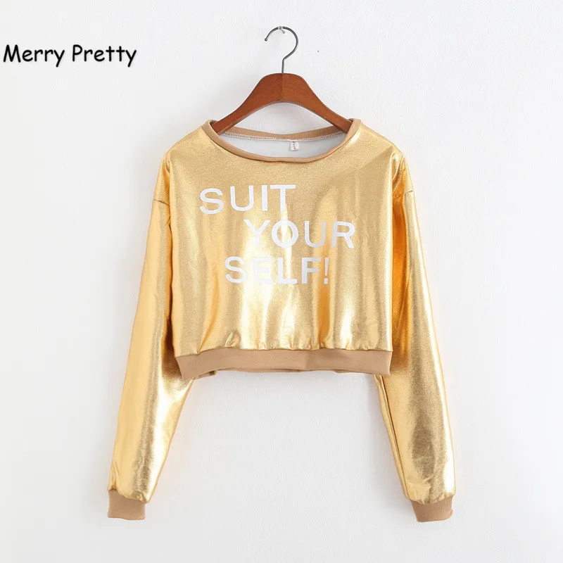 

Merry Pretty New harajuku t shirt women long sleeve tops golden silver hot sexy punk fashion women crop top poleras de mujer