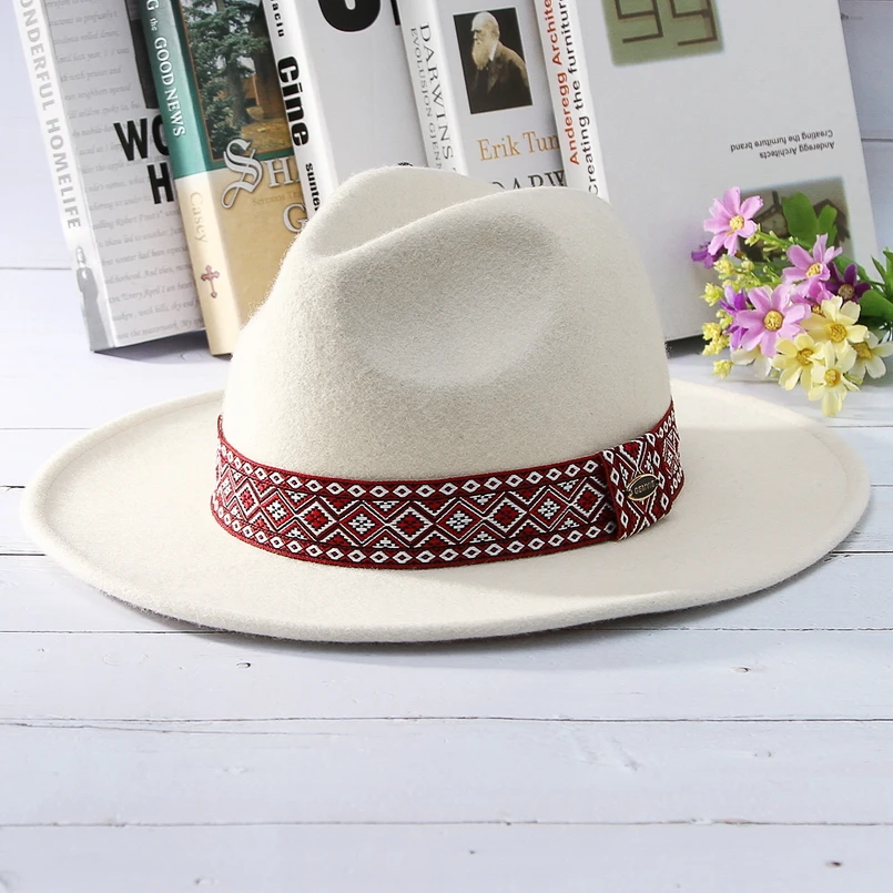 GEMVIE, Ретро стиль, шерсть, с широкими полями, белая фетровая шляпа для женщин, фетровая шляпа с красной лентой, джазовая Кепка, новая мода, Мужская Панама шляпа