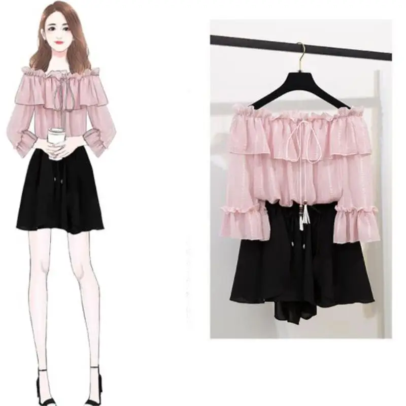 

New Summer 2019 Women Fashion Sets Girls Slash Neck Chiffon Blouse + Solid Mini Skirt Suits Female Vintage Sweet Two Piece X58