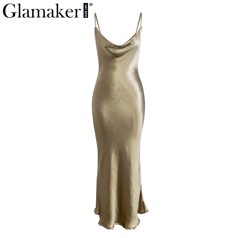 Glamaker, Золотое сатиновое сексуальное платье на шнуровке, женское Модное Длинное Платье с открытой спиной для вечеринки, элегантное мягкое платье макси в стиле ретро для ночного клуба