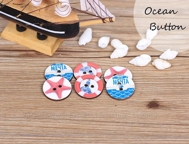 25 мм 100 шт океанская серия кнопка для шитья скрапбукинга случайный цвет два отверстия деревянные пуговицы, DIY аксессуары для одежды