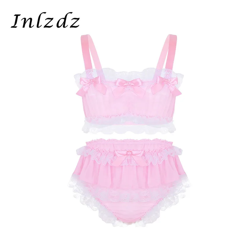 

Mens Sissy Lingerie Suit Ruffled Lace Sheer Chiffon Sissy Lingerie Set Crop Top with Skirted Hot Sexy Panties Bra Underwear Sets