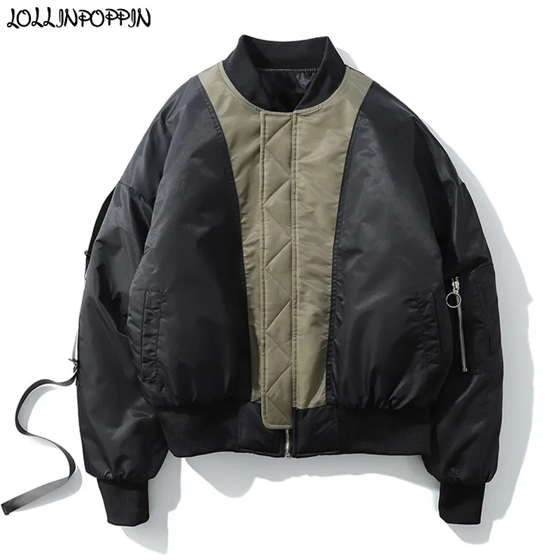 

Men Patchwork Color Bomber Jacket Japan Military Style Letters Printed Flight Jacket Stand Collar Mens Padded Coat Drop Shoulder
