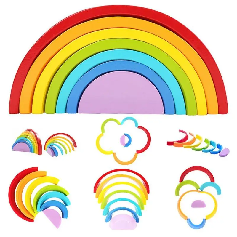 

Kids Colorful Wooden Blocks Rainbow Assembling Toys Infant Rainbow Block Toy Creative Children Assembling Blocks Educational Toy