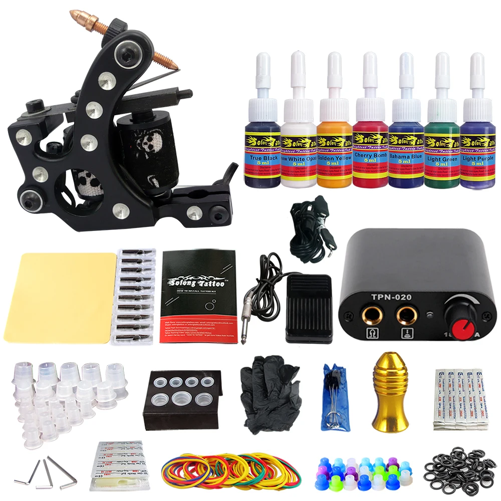 

Solong Tattoo Complete Tattoo Machine Set 7 Inks Needles Power Supply TK105-39