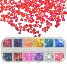 1 чехол в форме сердца для ногтей блестящие блестки лазерные 3D украшения для ногтей блестка хлопья Типсы 12 цветов DIY маникюр SA469