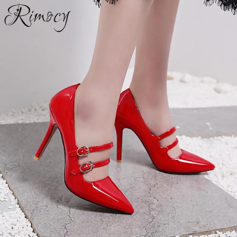 

Rimocy fashion buckle pumps mujer 2019 spring point toe high heels shoes woman patent leather party wedding stiletto shoes femme
