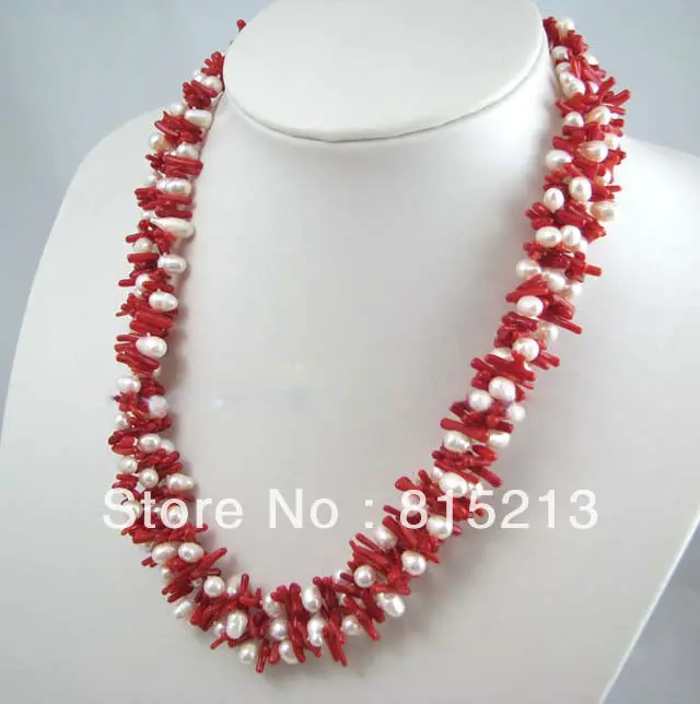 

ddh0057 necklace 3 strands red coral stick chip beads mixed pearls 20" 28% Discount