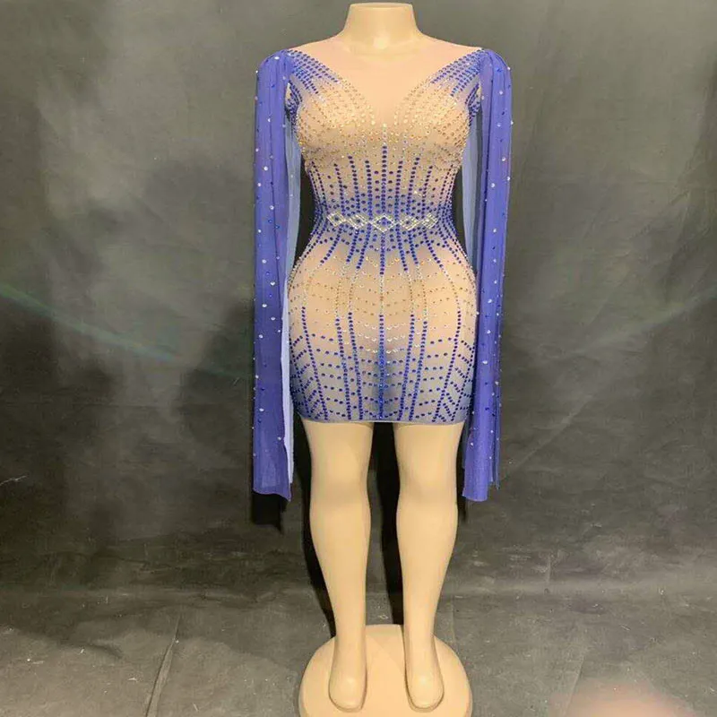 

Fashion Women Crystals Mesh Dress Sexy Rhinestones See Through Stretch Stage Dance Wear Evening Celebrate Dresses Costume