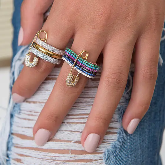 

2018 new fashion jewelry Cubic Zirconia Rings for Women safety pin 3 stack Rings Jewelry Party Anniversary Gift top quality
