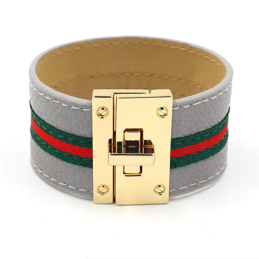 

Kirykle Cuff Women Leather Bracelet Bangles Simple Steel Lock Design Wide Wrap Charm Bracelets Female Jewelry