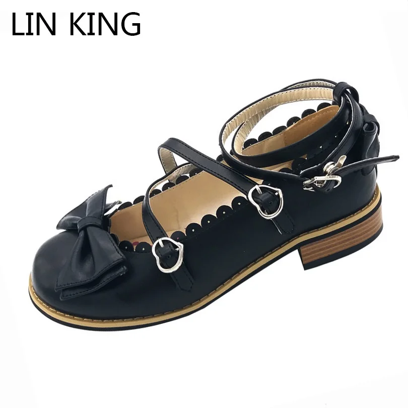LIN KING/Большие размеры 42; женские туфли-лодочки; милый бантик; Лолита; обувь для косплея; пряжки для девочек; Туфли mary janes с круглым носком; Kawaii; обувь принцессы