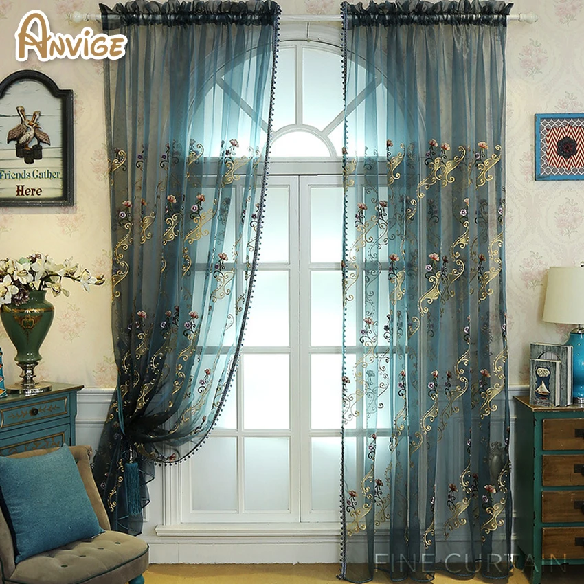Anvige European Luxury Embroidered Sheer Curtain With Lace on Edge
