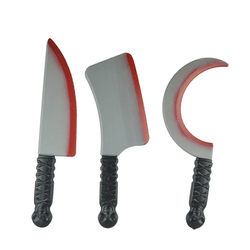 

2019 Halloween Plastic Toy Knives Weapons Props Plastic Kitchen Knives Fruit Plastic Machetes Blood Knives Halloween Decorations