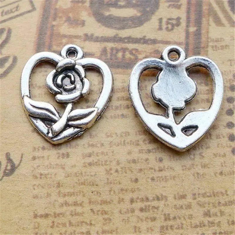 BULK 30pcs Zinc Alloy Metal Rose Charms Antique Silver Plated Flower in