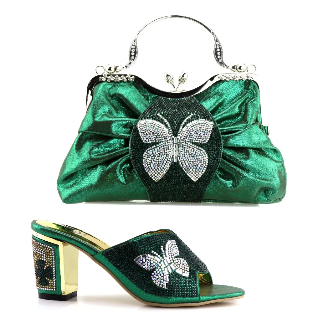 

YL591Green Ready To Ship African Woman Pumps Matching Bag Fashion Lady Shoes High Heels Italian Shoes Aad Bag With Stone
