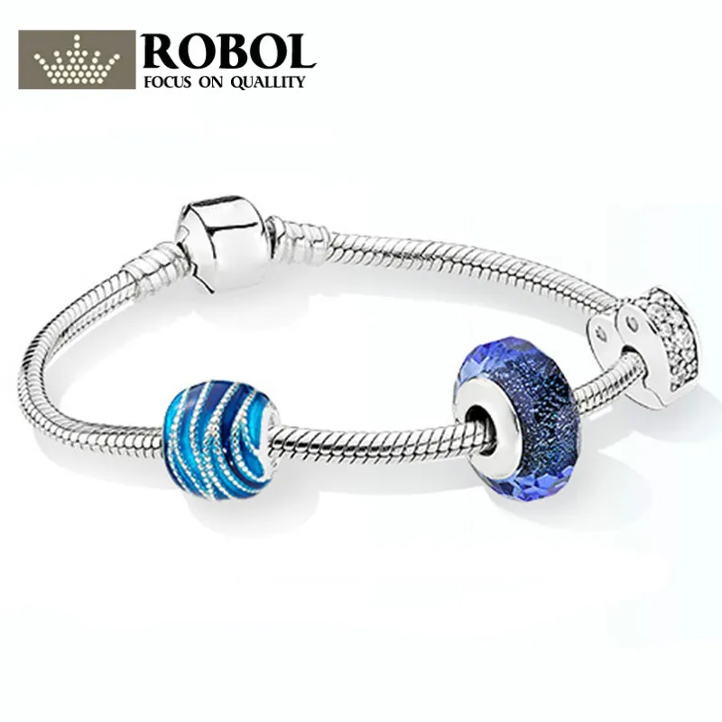 

ROBOL 100% 925 Sterling Silver Brand New Bracelet Set Dark Blue Ocean Charm Temperament Bracelet Set Fit DIY Gift