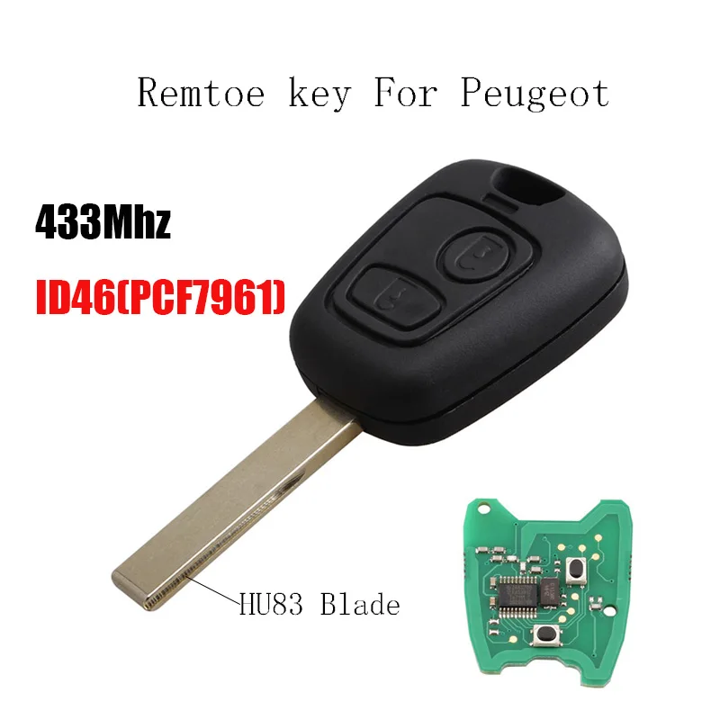 

433MHz Complete Remote Car Key for PEUGEOT 307 2 Buttons Vehicle Keyless Entry with ID46 7961chip