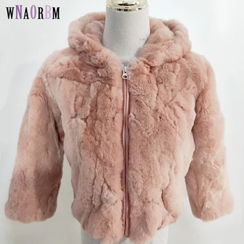 

Winter Genuine Real Fur Jacket children Rex Rabbit Fur Coat Natural Rex Rabbit Fur Overcoat pele de coelho Wear a hat