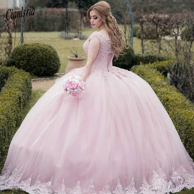Классическое Розовое Бальное бальное платье Бальные платья с квадратным вырезом с коротким рукавом аппликации из бисера сладкий 15 платье плюс размер платье на выпускной для принцессы