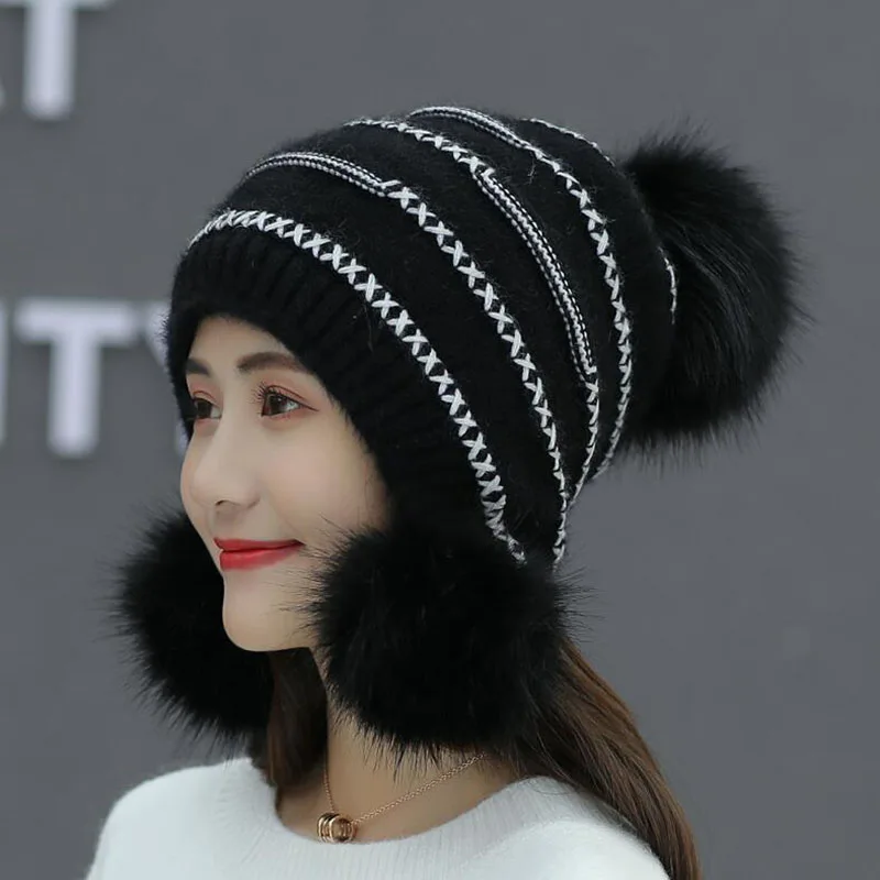 SUOGRY модная уличная теплая Женская шапка из кроличьего меха, женская шапка-бомбер с защитой ушей, дышащая зимняя вязаная шапка - Цвет: black