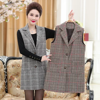 

XL-5XL Check Plaid Blazer Woman Notched Long Linen Cotton Double Breasted Pleated Suit Casual Autumn Jacket Coat Outerwear
