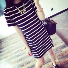 2019 gran oferta nuevo Primavera Verano mujeres cuello redondo moda blanco y negro rayas manga larga recto vestido Casual de talla grande(China)