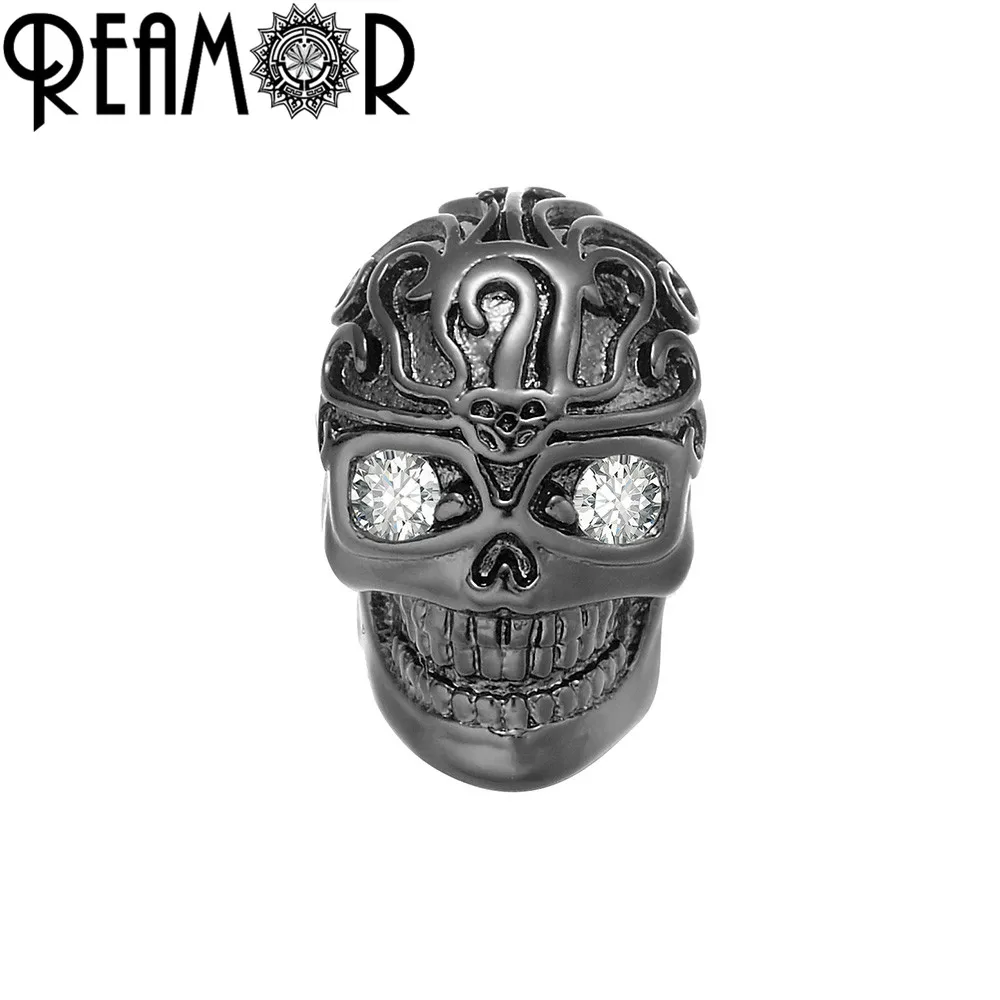 

REAMOR 5mm Metal Copper Charm Beads Bracelet Accessories Micro Inlay White Zircon Eyes Skull Beads For DIY Jewelry Making 5pcs