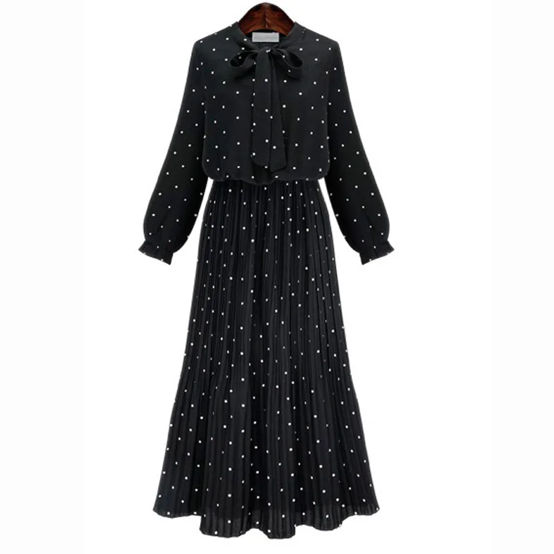 

Mferlier Autumn Chiffon Dress Korean Style Black Women Dot Dress Long Sleeve Casual Ladies Bow Collar High Waist Dresses