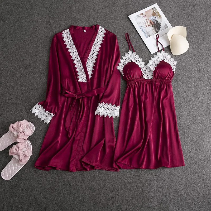 

Fashion 2019 New Women Sexy Lace Gown Sets Fashion Solid V-Neck Spaghetti Strap Nightdress Spring Female Fake Silk Robe Suits