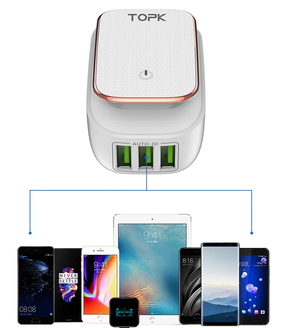 Topk 3-Порты и разъёмы телефон Зарядное устройство 5 В 3.4a(макс.) светодиодный индикатор auto-id USB Зарядное устройство Портативный tarvel ЕС и США Plug стены Зарядное устройство адаптер(белый