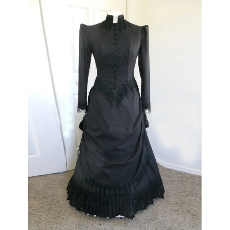

2018 Black Long Sleeve Classic Gothic Victorian Party Dress 18th Century Cotton Victorian Bustle Ball Gowns Theater Clothing