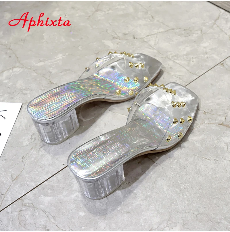 Aphixta/прозрачные шлепанцы; женская обувь; шлепанцы на квадратном каблуке; женские цветные модельные туфли; стразы на каблуке с заклепками