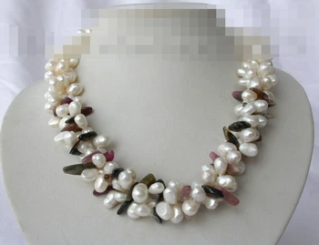 

02445 3strands white baroque freshwater pearl tourmaline necklace