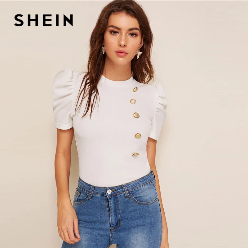 SHEIN белая блузка с воротником-стойкой и пышными рукавами на пуговицах спереди, женские топы, летняя элегантная облегающая однотонная блузка с коротким рукавом, Топ