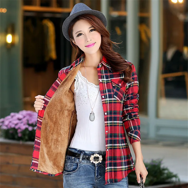 low cost 2019 New Winter Warm Women Velvet Thicker Jacket Plaid Shirt Style Coat Female College Style Casual