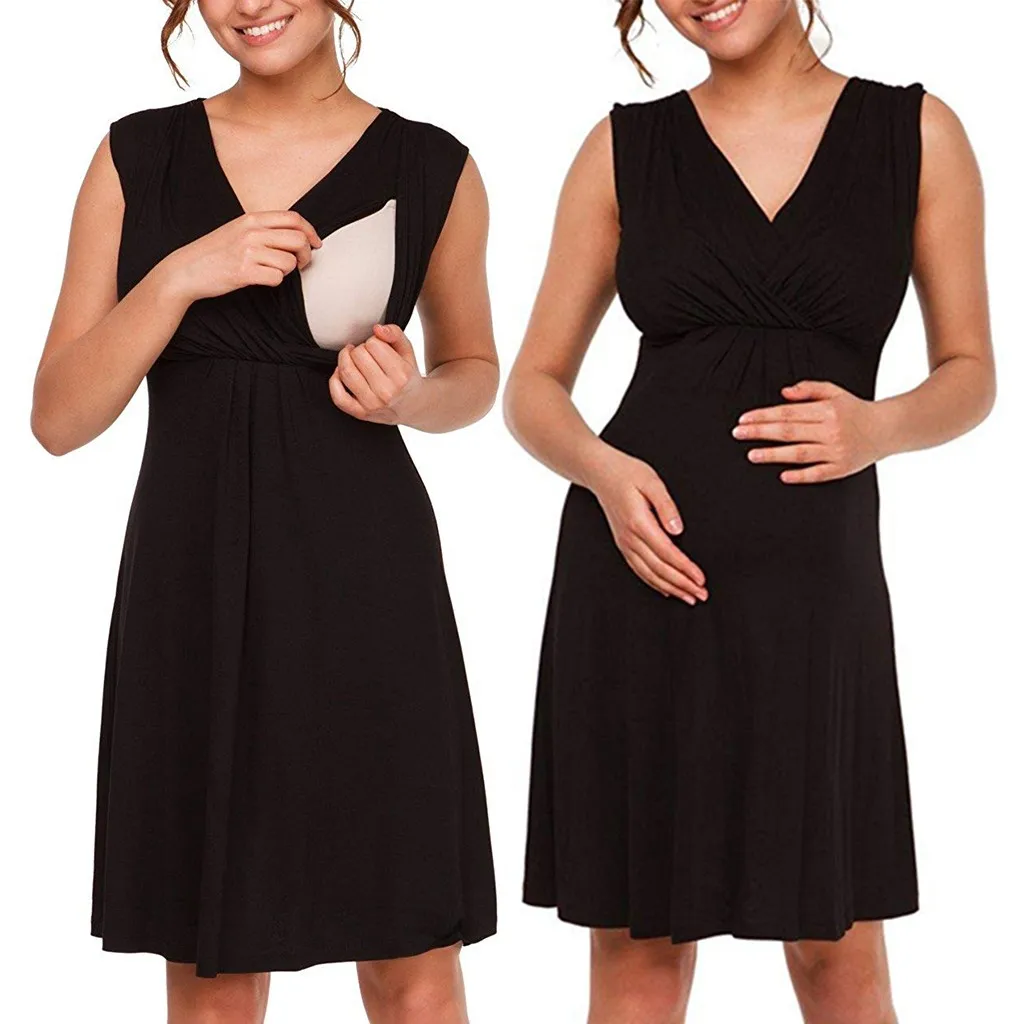 MUQGEW Women Maternity Dress For Breastfeeding Sleeveless Comfy Layered Nursing Solid Color V-neck Maternity Breastfeeding Dress