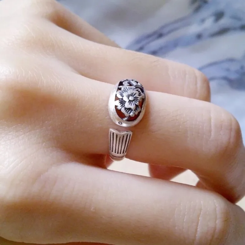 

999 Foot Silver Vintage Matte Peony Fishtail Open Sterling Silver Ring